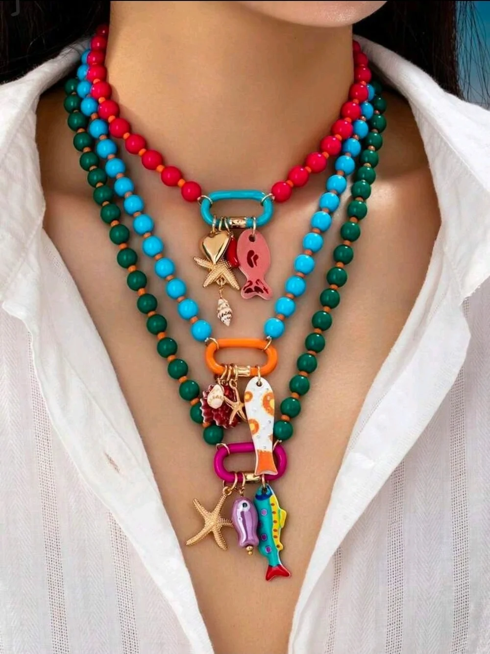 ColorPop  Beaded Charm Necklace - Pink, Turquoise & Green